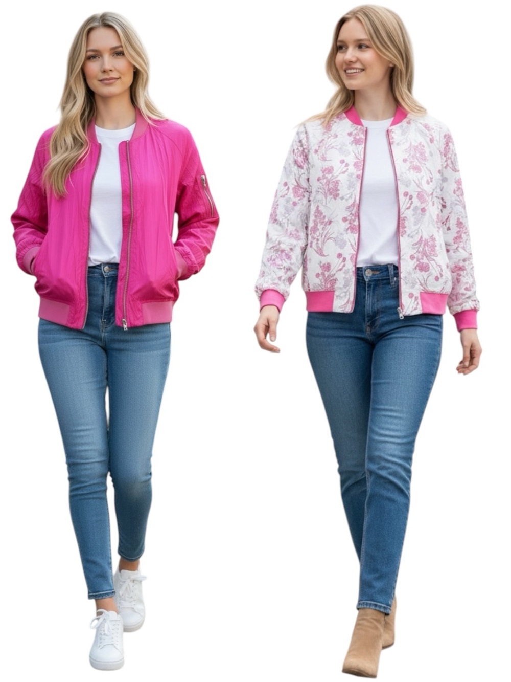 NEW blue b Reversible Hot Pink & Cream Satin Comfy Floral Print Bomber Jacket